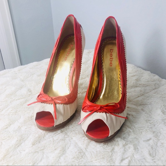 Bebe Capri Orange and Off-White Peep Toe Stilettos - Picture 4 of 9